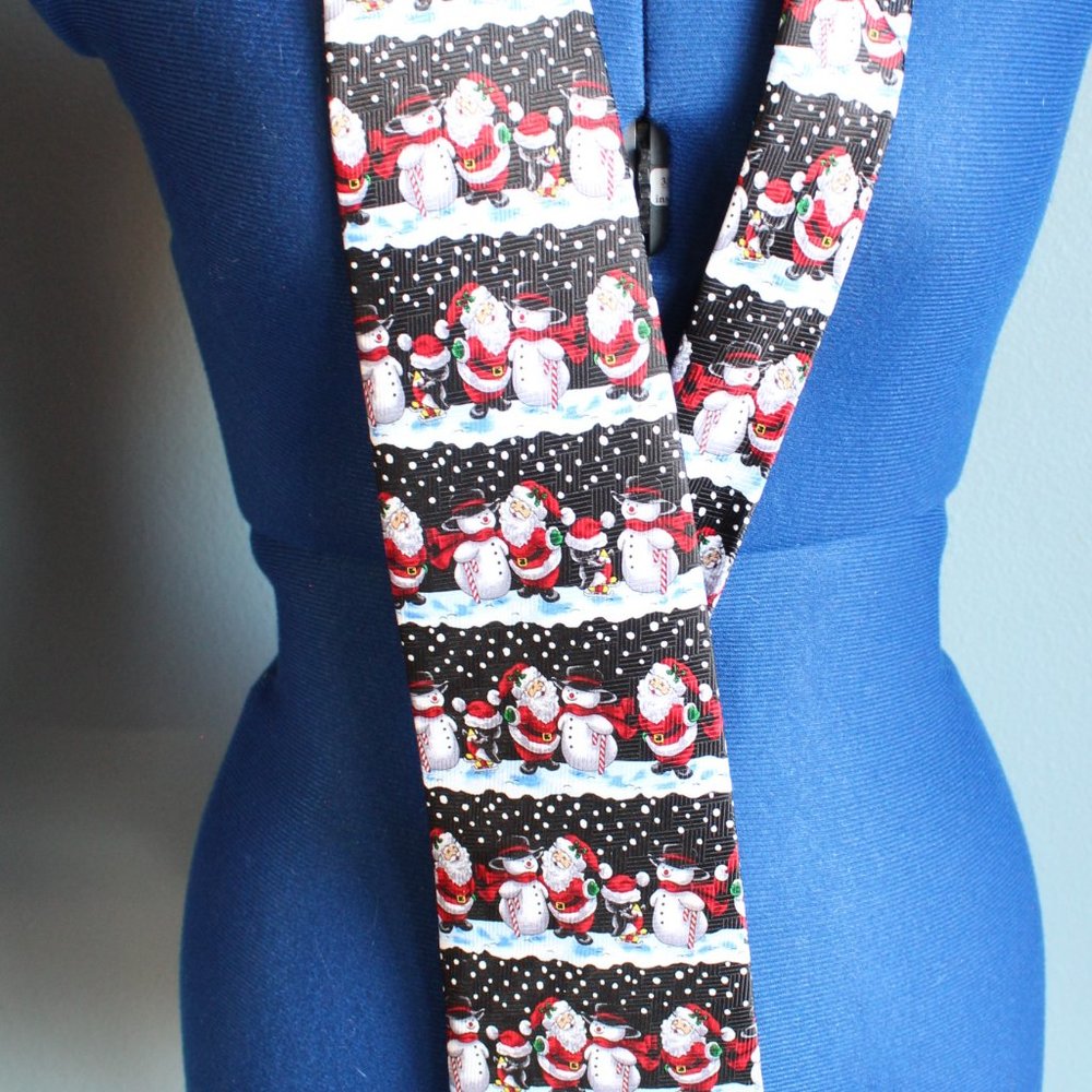 Holiday Seasons Santa Snowman Scene Necktie Black, White Christmas Tie
